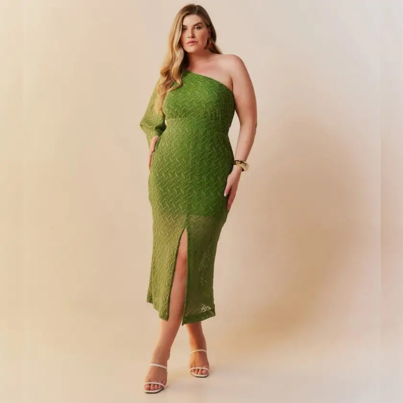 Vestido Mid Plus Size Manga Curta Ref 2339 Verde