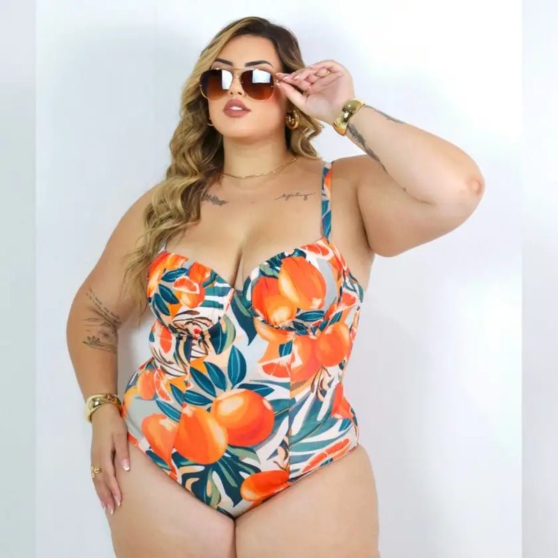 Maiô Plus Size Barriga Zero Ref 2372 Estampa Laranja