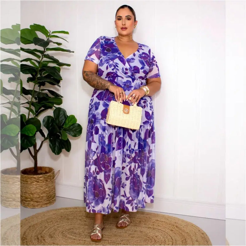 Vestido Mid Plus Size Manga Curta ref 306920 Estampa Azul