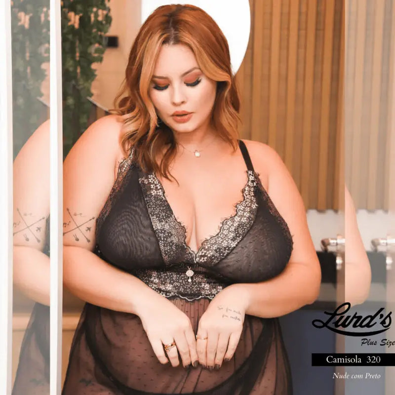 Camisola Lingerie Plus Size RendadaRef 320 Preto com Nude