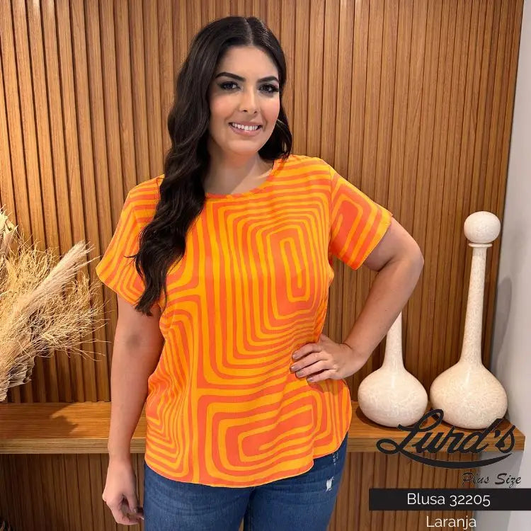 Blusa Feminina Plus Size Manga Curta Ref 32205 Laranja