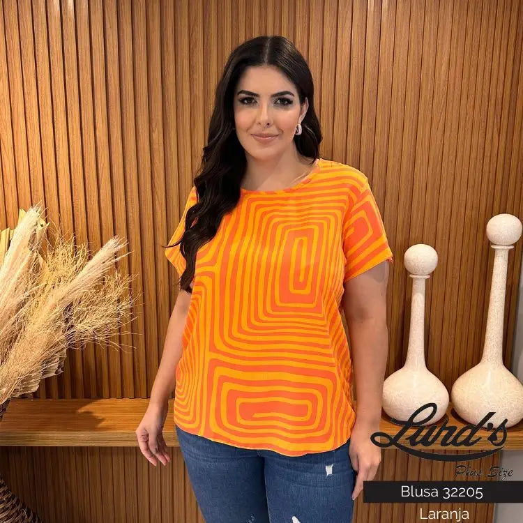 Blusa Feminina Plus Size Manga Curta Ref 32205 Laranja