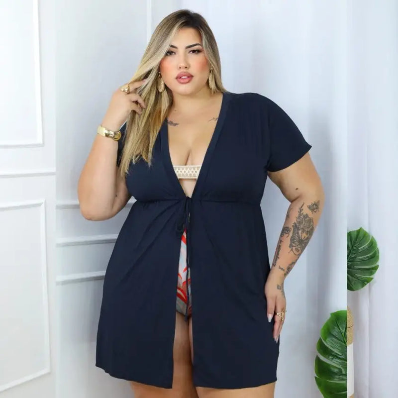 Saída de Praia Feminina Plus Size com Manga  Ref 41244 Preto