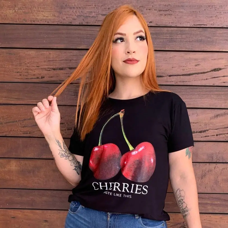 T-Shirt Blusa Feminina Plus Size Manga Curta Ref CHERRIES Preto