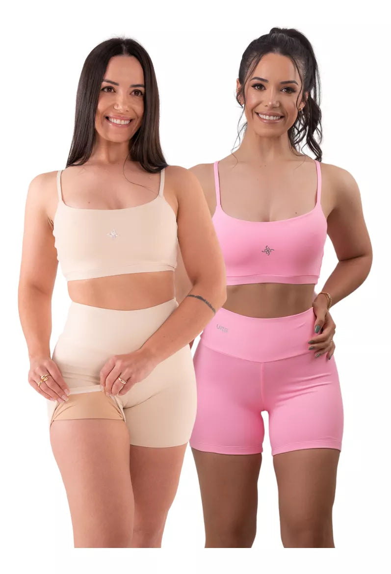 2 Conjunto De Academia Feminino Fitness Short E Top Poliamida OFF E ROSA