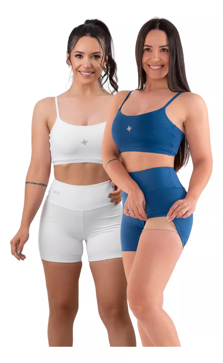 2 Conjunto De Academia Feminino Fitnes Short E Top Poliamida BRANCO E AZUL