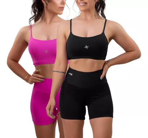 2 Conjunto De Academia Feminino Fitness Short E Top Poliamida ROSA E PRETO