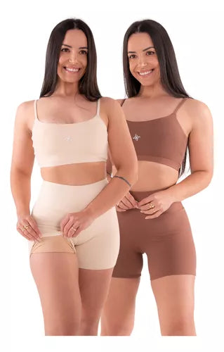 2 Conjunto De Academia Feminino Fitness Short E Top Poliamida OFF E MARROM