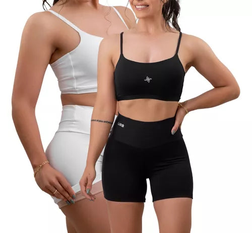 2 Conjunto De Academia Feminino Fitness Short E Top Poliamida BRANCO E PRETO