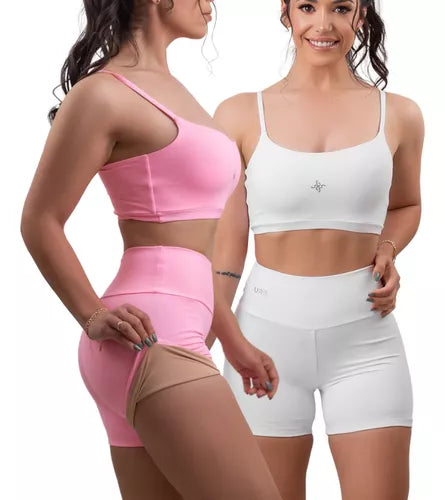 2 Conjunto De Academia Feminino Fitness Short E Top Poliamida BRANCO E ROSA