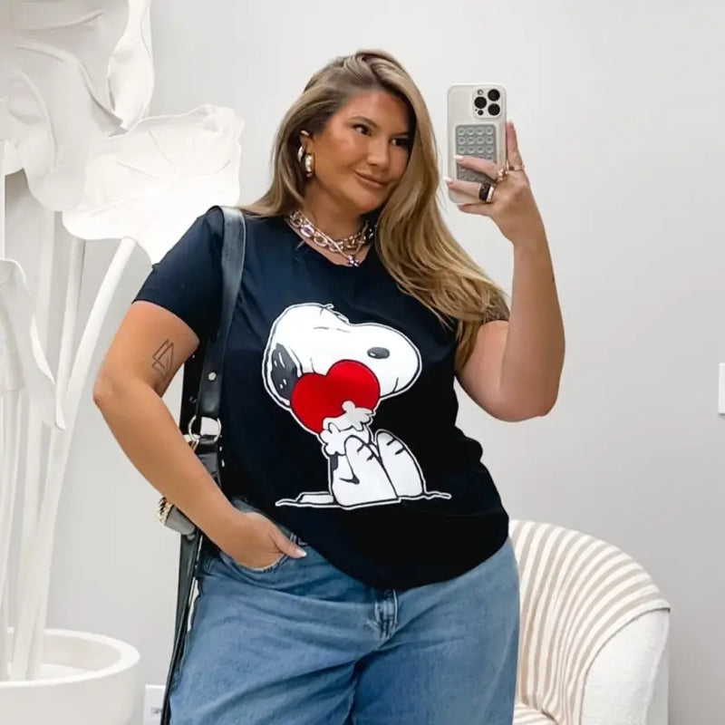 Blusa T-Shirt Feminina Plus Size Manga Curta Ref SNOOPY-001 Preto