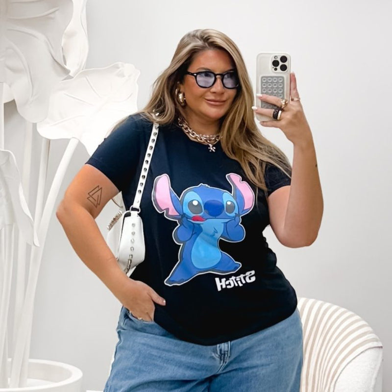 Blusa T-Shirt Feminina Plus Size Manga Curta STITCH-004 Preto