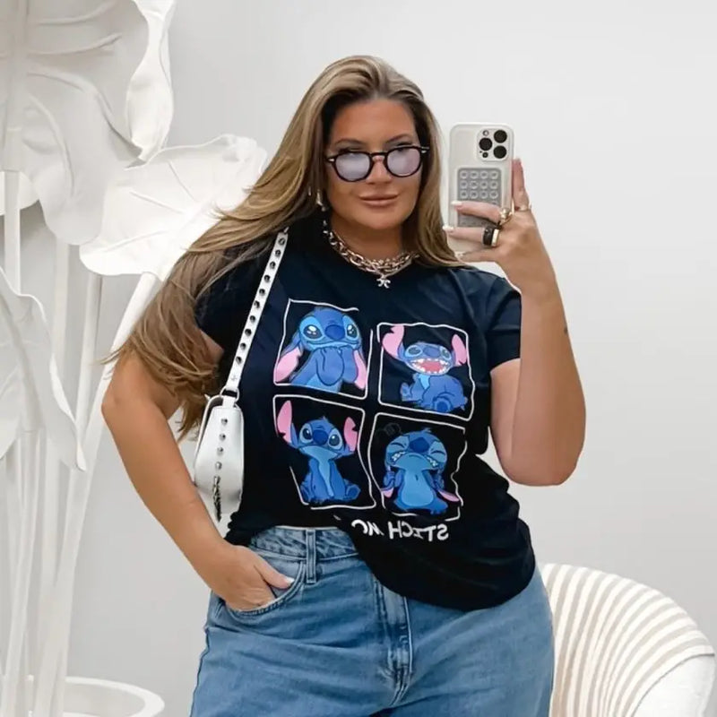 Blusa T-shirt Feminina Plus Size Viscolycra Manga Curta Disney Stitch Mood