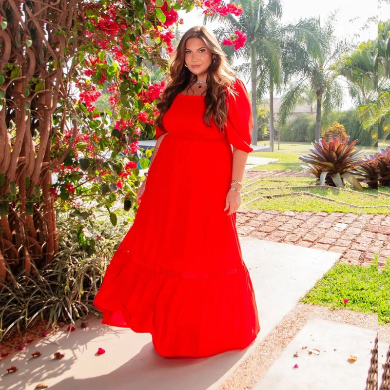 Vestido Longo Plus Size Manga Curta Ref 12298 Vermelho