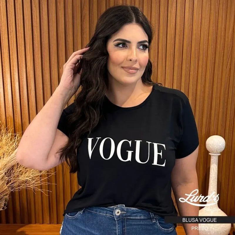 Blusa T-shirt Feminina Plus Size Manga Curta Ref Vogue Preto