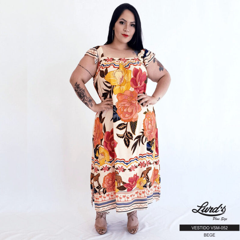 Vestido Mid Plus Size Sem Manga Ref VSM-052 Estampa Bege