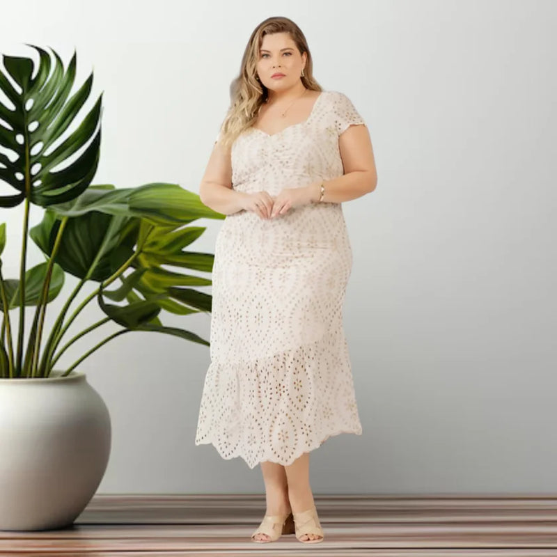 Vestido Mid Plus Size Manga Curta Ref 13972 Cru